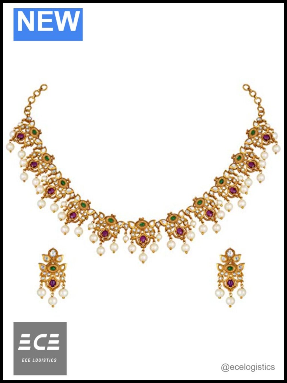 Gold Plated Traditional Stone Necklace Earring Jewelry Set for Women